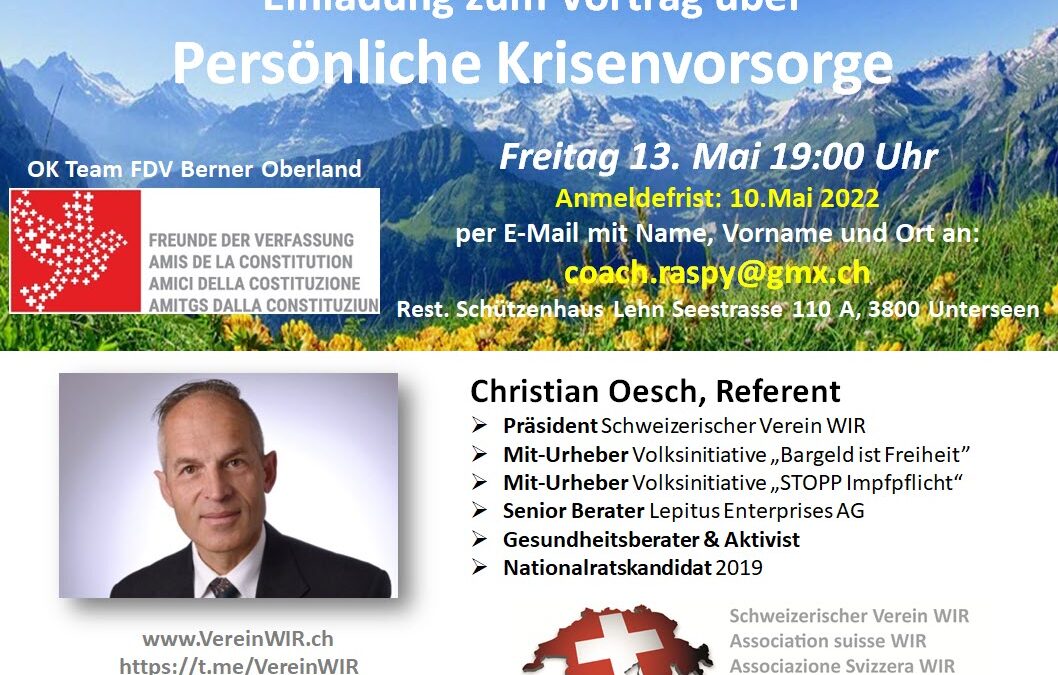 Einladung zum Vortrag über Persönliche Krisenvorsorge – OK Team FDV Berner Oberland