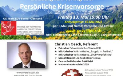 Einladung zum Vortrag über Persönliche Krisenvorsorge – OK Team FDV Berner Oberland