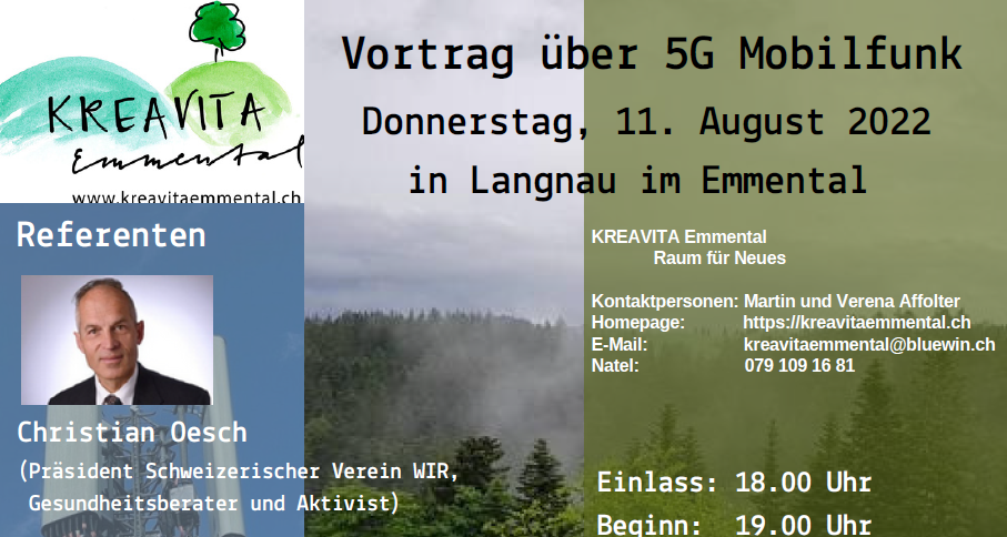 Langnau BE – Donnerstag 11. August 2022 Einladung zum Vortrag über 5G Mobilfunk von Christian Oesch